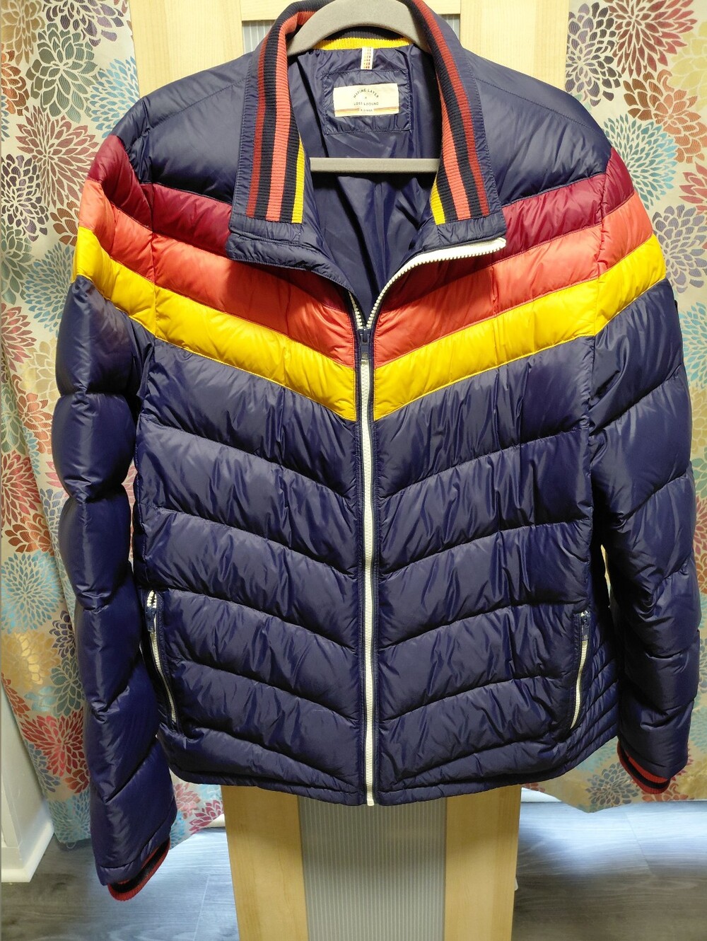 Men's Marine Layer X Lost & Found Navy Orange Yellow Quilted Puffer Jacket